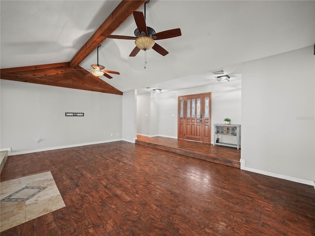 3002 Helms Dr, Auburndale, FL 33823 - unfurnished living room featuring baseboards, a ceiling fan, lofted ceiling with beams, and wood finished floors