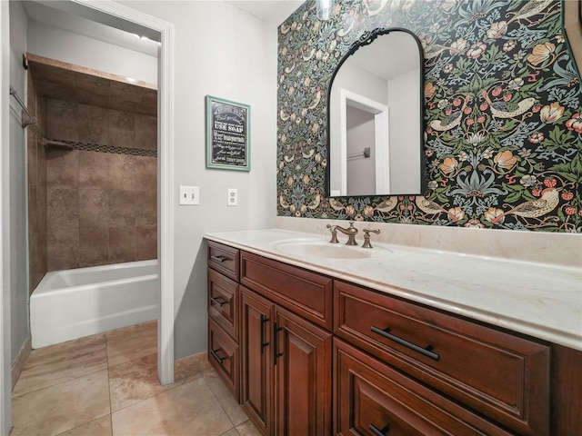 3002 Helms Dr, Auburndale, FL 33823 - bathroom with vanity, baseboards, tile patterned floors, and wallpapered walls