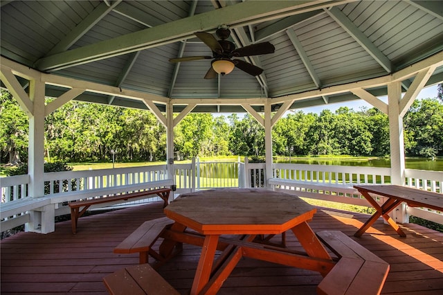 4976 Pleasant Hollow Trl, Lakeland, FL 33811 - wooden deck with a water view, a ceiling fan, and a gazebo