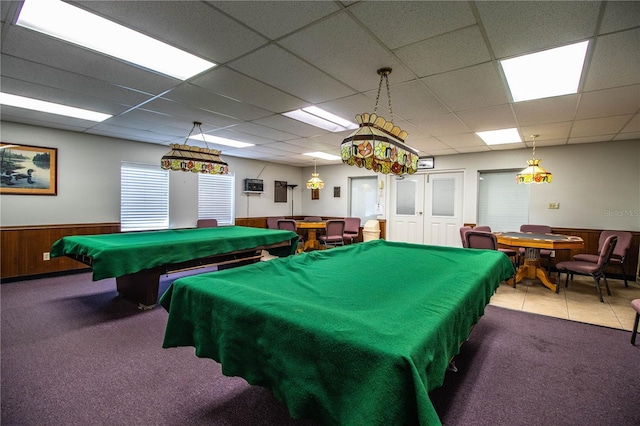 4976 Pleasant Hollow Trl, Lakeland, FL 33811 - recreation room with wood walls, carpet, a wainscoted wall, a drop ceiling, and billiards