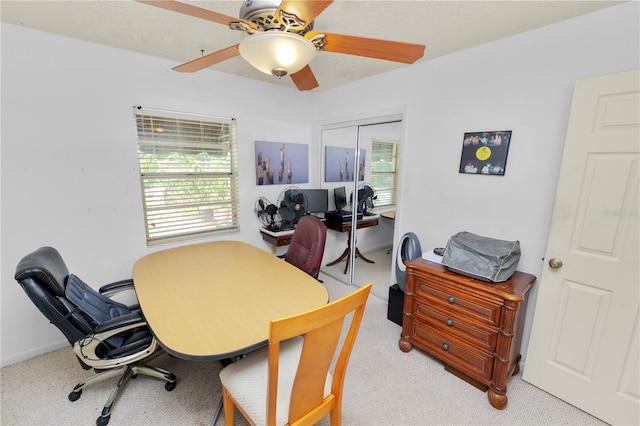 office space featuring plenty of natural light, ceiling fan, and light carpet