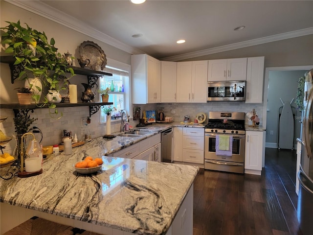 kitchen with open shelves, ornamental molding, a peninsula, light stone countertops, and stainless steel appliances