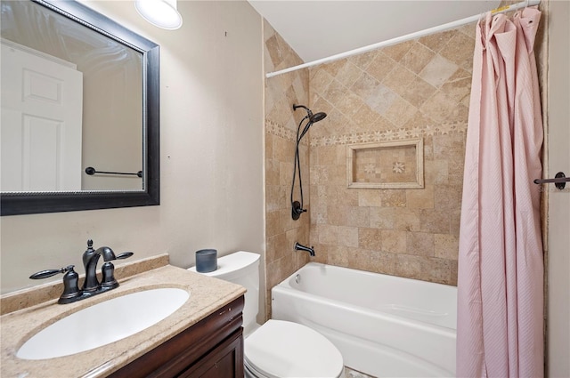 full bathroom with shower / bathtub combination with curtain, toilet, and vanity