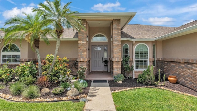 doorway to property with a shingled roof, stucco siding, and brick siding