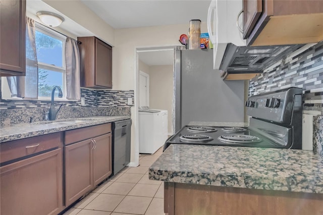 kitchen featuring tasteful backsplash, a sink, electric stove, dishwashing machine, and light tile patterned flooring