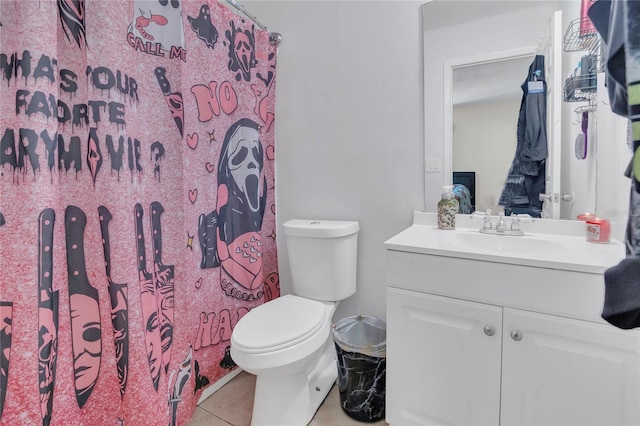 full bath featuring toilet, a shower with curtain, tile patterned flooring, and vanity