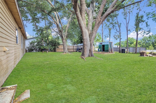 view of yard with an outdoor structure and a fenced backyard