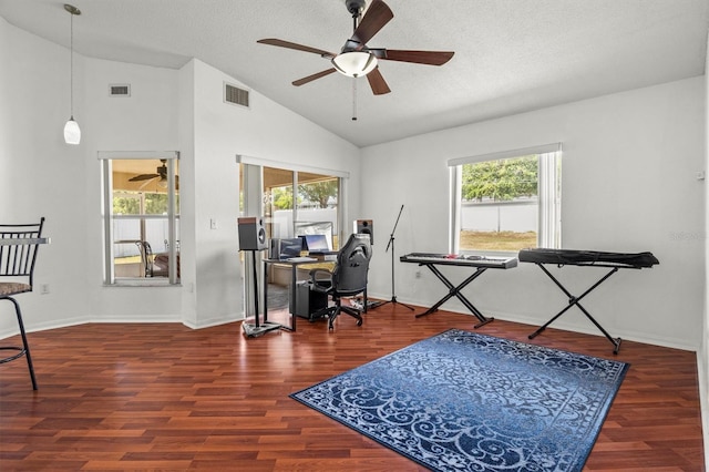 2812 Hickory Ridge Dr, Lakeland, FL 33813 - office area featuring visible vents, a ceiling fan, vaulted ceiling, and a healthy amount of sunlight