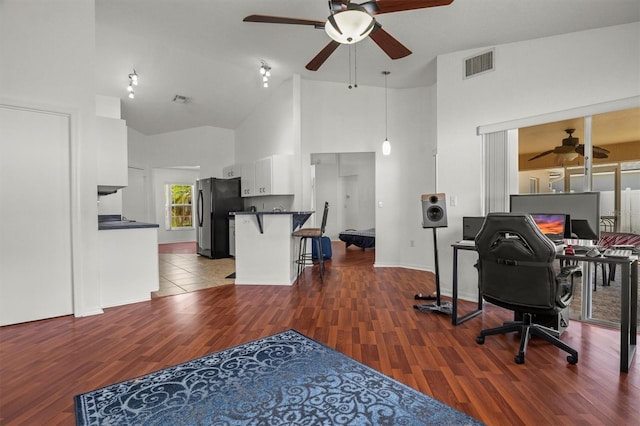 2812 Hickory Ridge Dr, Lakeland, FL 33813 - office with visible vents, dark wood-style flooring, ceiling fan, and high vaulted ceiling