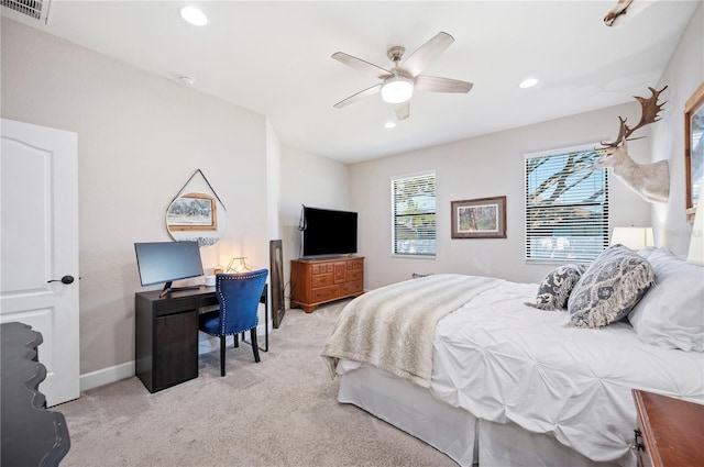 5531 Pebble Beach Dr, Lakeland, FL 33812 - bedroom featuring visible vents, light carpet, baseboards, recessed lighting, and a ceiling fan