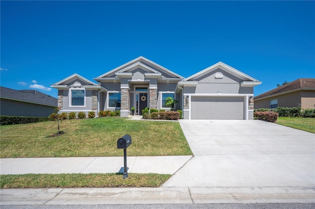 5531 Pebble Beach Dr, Lakeland, FL 33812 - view of front of house with concrete driveway, a front yard, an attached garage, and stone siding
