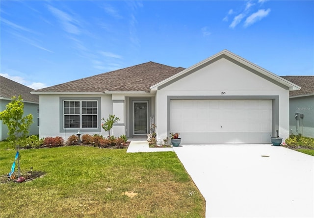 ranch-style home with a garage, roof with shingles, stucco siding, and concrete driveway