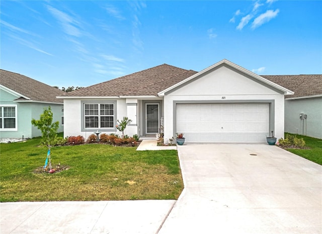 ranch-style home with a front lawn, stucco siding, a shingled roof, an attached garage, and driveway