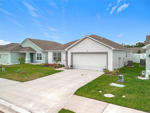 single story home with a garage, stucco siding, and a front yard