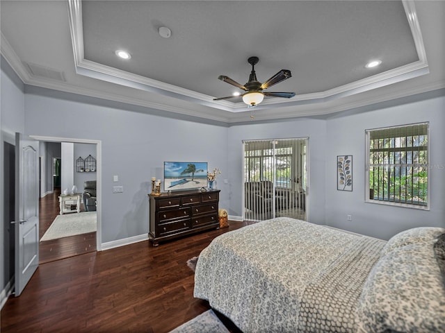 800 Osprey Landing Dr, Lakeland, FL 33813 - bedroom with a raised ceiling, ornamental molding, wood finished floors, recessed lighting, and baseboards