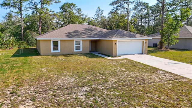 ranch-style house with an attached garage, stucco siding, driveway, and a front yard