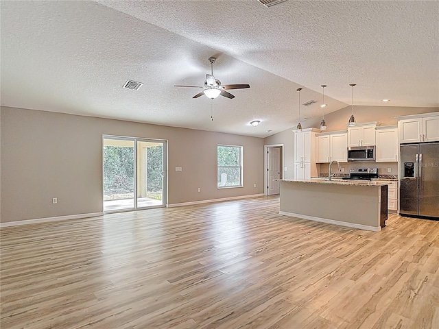 kitchen with stainless steel appliances, open floor plan, light wood-style flooring, ceiling fan, and plenty of natural light