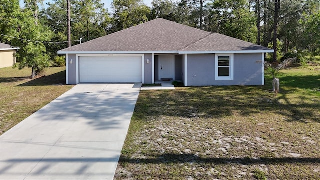 ranch-style home with driveway, stucco siding, a front yard, a garage, and a shingled roof