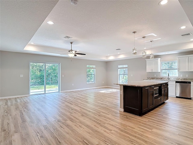 kitchen with stainless steel dishwasher, a textured ceiling, open floor plan, light wood-style flooring, and a tray ceiling