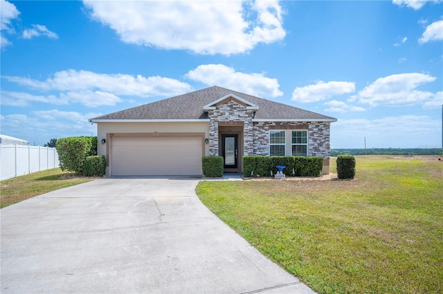 single story home with concrete driveway, an attached garage, stone siding, and a front lawn
