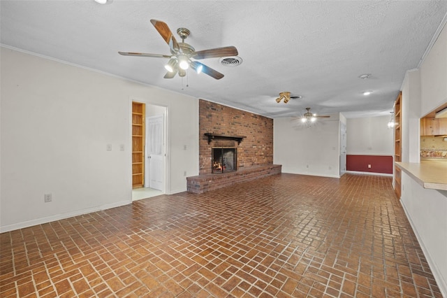 3441 Sherertz Rd, Lakeland, FL 33810 - unfurnished living room with ceiling fan, brick floors, baseboards, a brick fireplace, and a textured ceiling