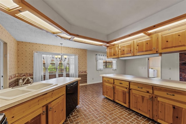 3441 Sherertz Rd, Lakeland, FL 33810 - kitchen featuring black dishwasher, a sink, brick patterned floors, wallpapered walls, and a chandelier