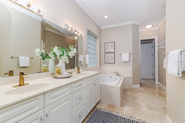 bathroom with a sink, ornamental molding, a garden tub, and double vanity