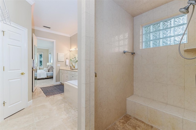 ensuite bathroom featuring ensuite bathroom, vanity, visible vents, crown molding, and tiled shower