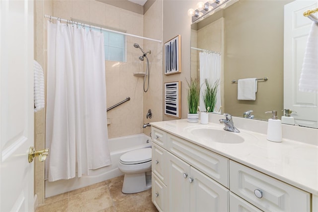 bathroom with toilet, shower / bathtub combination with curtain, tile patterned flooring, and vanity