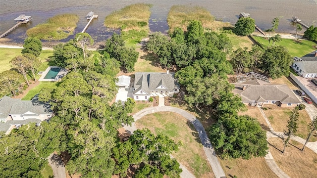 aerial view featuring a water view