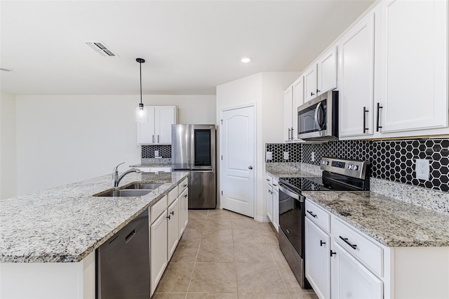 kitchen featuring a sink, stainless steel appliances, white cabinets, visible vents, and tasteful backsplash