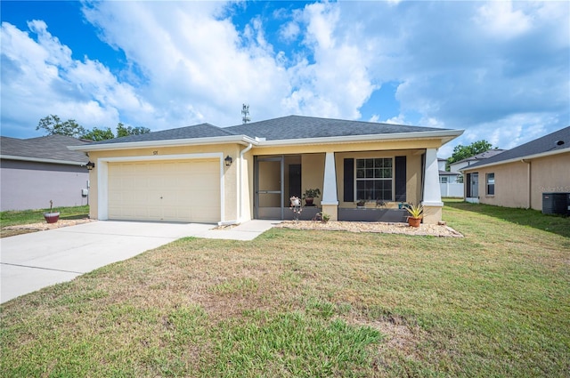 ranch-style house featuring a front yard, a garage, central air condition unit, concrete driveway, and stucco siding