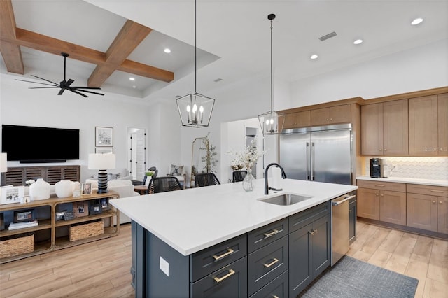2551 Delphi Woods Cir, Lakeland, FL 33812 - kitchen with a sink, appliances with stainless steel finishes, light wood-style floors, light countertops, and beam ceiling