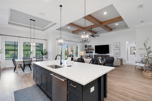2551 Delphi Woods Cir, Lakeland, FL 33812 - kitchen featuring a sink, stainless steel dishwasher, light countertops, decorative light fixtures, and coffered ceiling