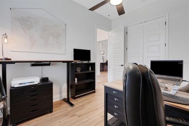 2551 Delphi Woods Cir, Lakeland, FL 33812 - office area featuring a ceiling fan, light wood-type flooring, and baseboards