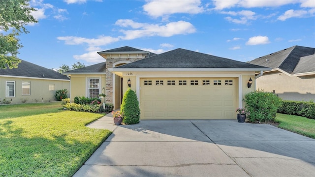 ranch-style house featuring stucco siding, driveway, a garage, and a front yard