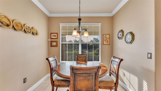 dining room with baseboards, crown molding, light tile patterned floors, and a chandelier