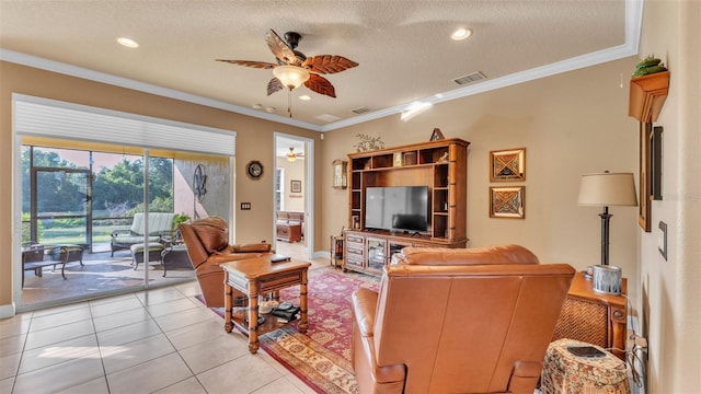living area featuring a ceiling fan, ornamental molding, light tile patterned floors, recessed lighting, and baseboards
