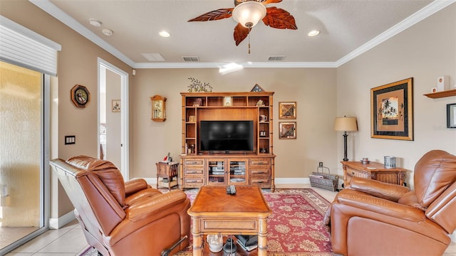 living area with a ceiling fan, crown molding, baseboards, light tile patterned floors, and recessed lighting