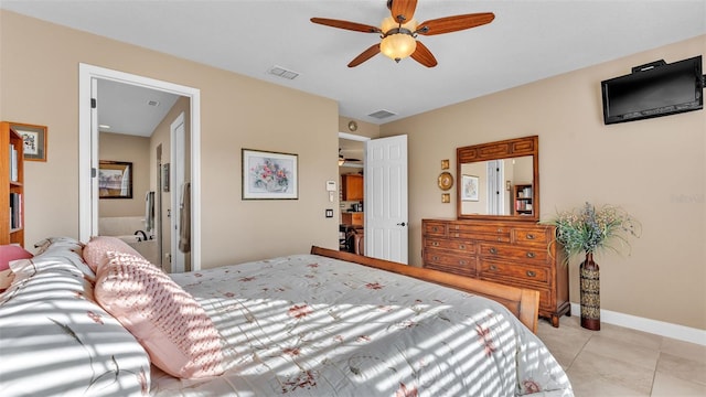 tiled bedroom with ceiling fan