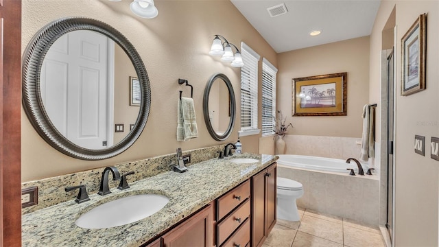 full bathroom with a bath, tile patterned flooring, double vanity, and a shower with shower door