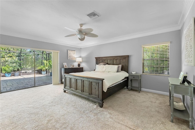 7313 Crape Myrtle Way, Sarasota, FL 34241 - bedroom featuring access to outside, multiple windows, light colored carpet, and ornamental molding