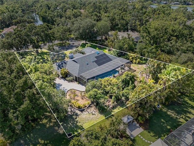 7313 Crape Myrtle Way, Sarasota, FL 34241 - aerial view of property and surrounding area featuring property parcel outlined, a large body of water, and a forest