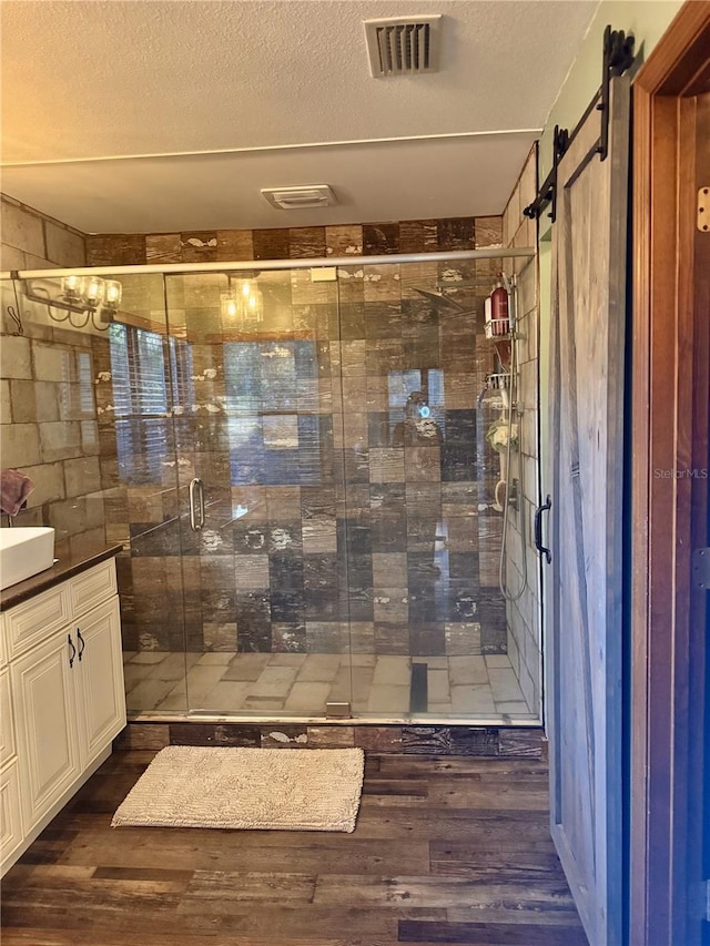 5619 Antler Trl, Lakeland, FL 33811 - full bathroom featuring a shower stall, visible vents, wood finished floors, and vanity