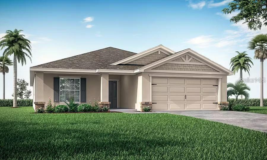 ranch-style home featuring concrete driveway, a garage, stucco siding, a front lawn, and a shingled roof