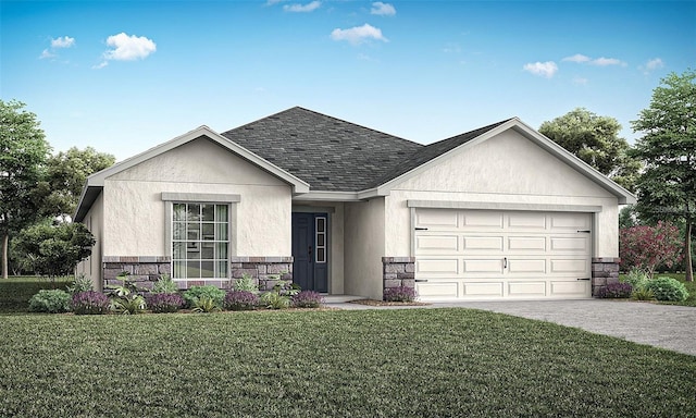 single story home with stone siding, stucco siding, a front yard, and an attached garage