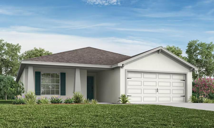 7550 SW 108th St, Ocala, FL 34476 - ranch-style house featuring concrete driveway, a garage, stucco siding, a front lawn, and a shingled roof