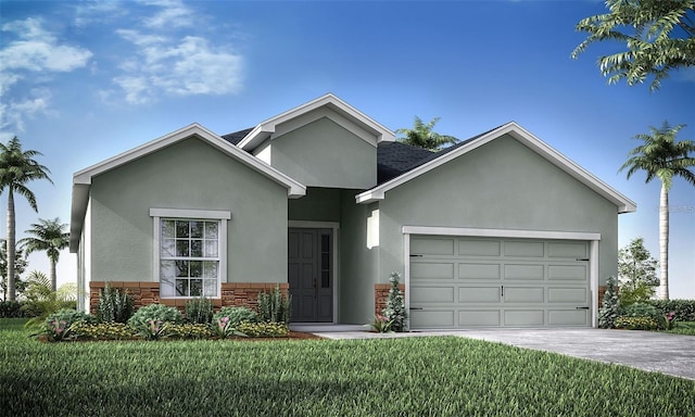 view of front of home with an attached garage, stone siding, stucco siding, a front yard, and driveway