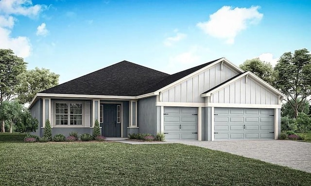 5418 Duxford Cir, Saint Cloud, FL 34771 - view of front of home with board and batten siding, driveway, a garage, a shingled roof, and a front lawn
