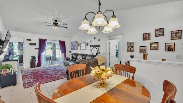 242 Kings Pond Ave SW, Winter Haven, FL 33880 - dining area featuring light tile patterned floors, a chandelier, a ceiling fan, and lofted ceiling